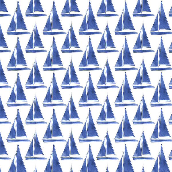 Boats Art Print featuring the digital art Blue and White Sailboats Pattern- Art by Linda Woods by Linda Woods