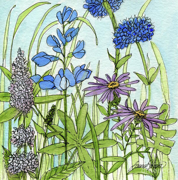 Blue Flowers Art Print featuring the painting Blue Buttons by Laurie Rohner