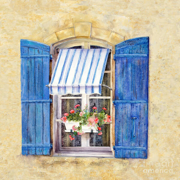 Blue Shutters Art Print featuring the painting Blue Shutters by Bonnie Rinier