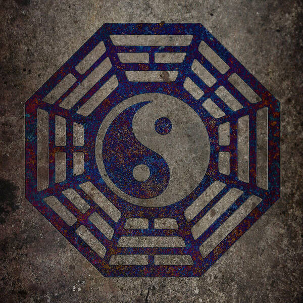 Yin Art Print featuring the digital art Blue Yin Yang Sign in Octagon with Metal Background by Fred Bertheas