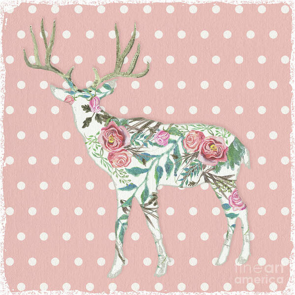 Boho Art Print featuring the painting BOHO Deer Silhouette Rose Floral Polka Dot by Audrey Jeanne Roberts