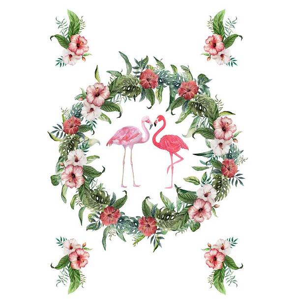 Tropical Flowers Art Print featuring the digital art Boho Floral Tropical Wreath Flamingo by Georgeta Blanaru