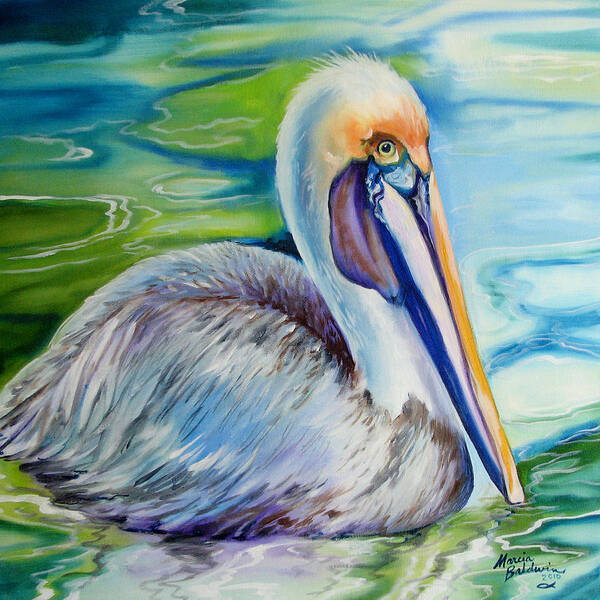 Birds Art Print featuring the painting BROWN PELICAN of LOUISIANA by Marcia Baldwin