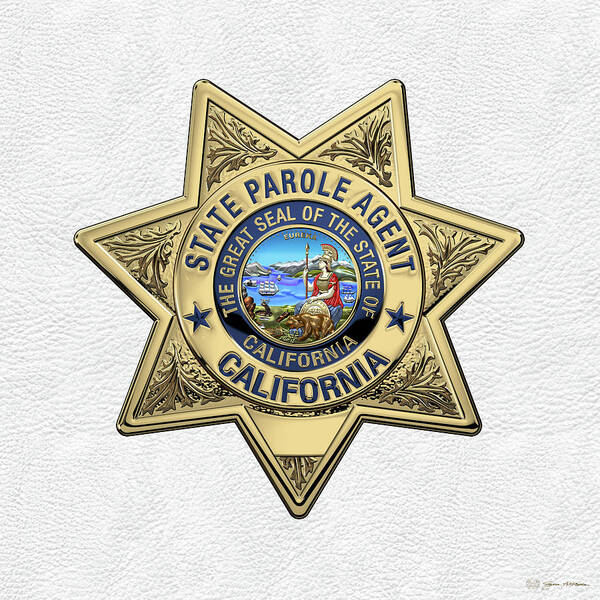 'law Enforcement Insignia & Heraldry' Collection By Serge Averbukh Art Print featuring the digital art California State Parole Agent Badge over White Leather by Serge Averbukh