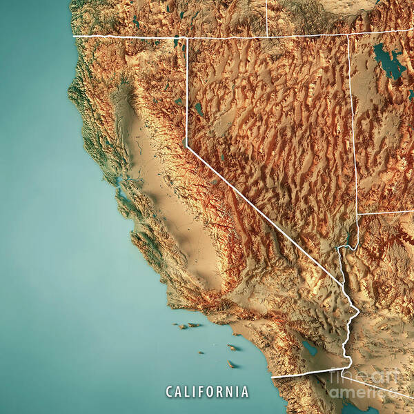 California Art Print featuring the digital art California State USA 3D Render Topographic Map Border by Frank Ramspott