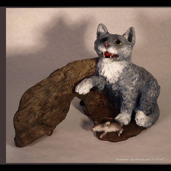 Cat Art Print featuring the sculpture Cat and Mice main view by Katherine Huck Fernie Howard