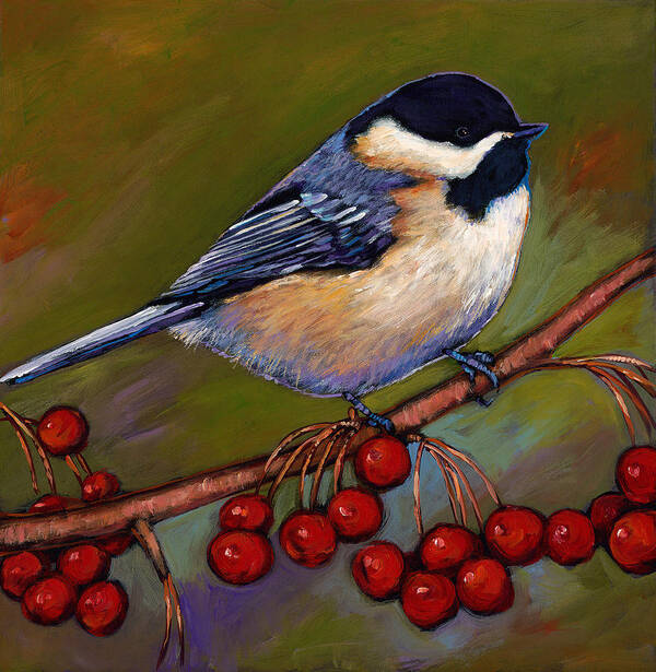 Wildlife Art Art Print featuring the painting Cherries and Chickadee by Johnathan Harris