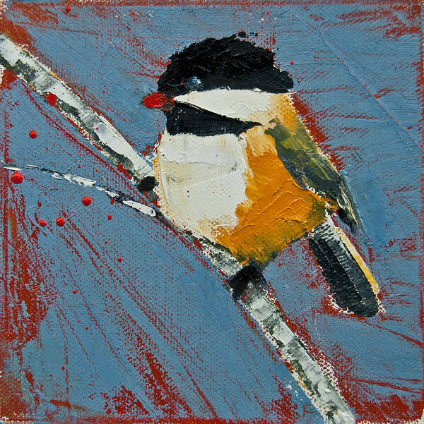 Birds Art Print featuring the painting Chickadee On Birch by Jani Freimann