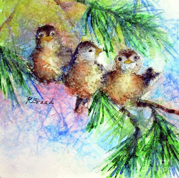 Paintings Art Print featuring the painting Chickadee Trio by Kathy Braud