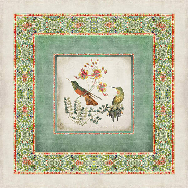Chinese Ornamental Paper Art Print featuring the digital art Chinoiserie Vintage Hummingbirds n Flowers 1 by Audrey Jeanne Roberts