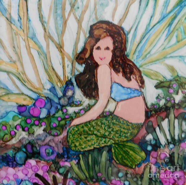 Tiny Mermaid Painted Just For Fun On 4 Square Tile Using Bright Colored Alcohol Ink. Art Print featuring the painting Chloe by Joan Clear