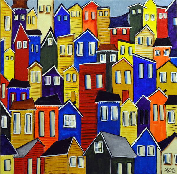 Small Houses Dot The Landscape Of City Living. Art Print featuring the painting City Life by Heather Lovat-Fraser