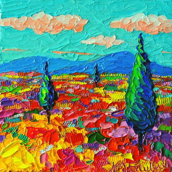 Poppy Field Landscape Acrylic Painting 8x8 Inches Original Round Canvas Art  