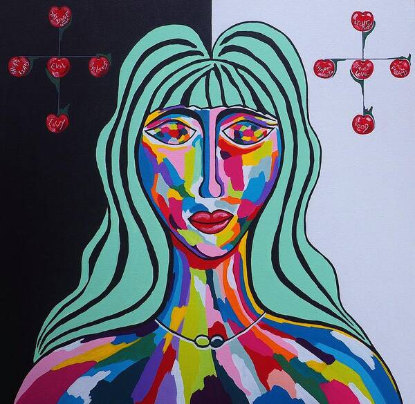 #art #artist #artistic #artists #arte #dibujo #myart #artwork #illustration #graphicdesign #wallart #graphic #color #colour #colorful #lightspacetime #painting #drawing #drawings #paintings #acrylic #creative #sketch #beautiful #marymagdalene #marymagdalenepaintings #sandramarieadams #paintings #modernart #abstract #abstractart #abstractpaintings #waihekeart #waihekeislandart #artistic #artforsale #spiritualistic #stained Glass #red #yellow #pink #aqua #turqouise #blue #purple Art Print featuring the painting Colours of Mary Ying Yang by Sandra Marie Adams