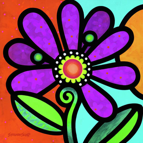 Daisy Art Print featuring the painting Cosmic Daisy in Purple by Steven Scott