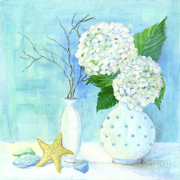 White Hydrangeas Art Print featuring the painting Cottage at the Shore 2 White Hydrangea Bouquet w Sea Glass and Starfish by Audrey Jeanne Roberts