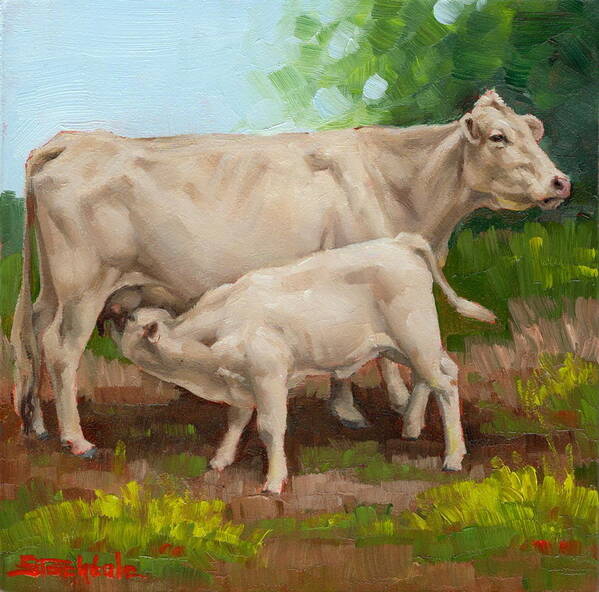 Cow Art Print featuring the painting Cow And Calf In Miniature by Margaret Stockdale