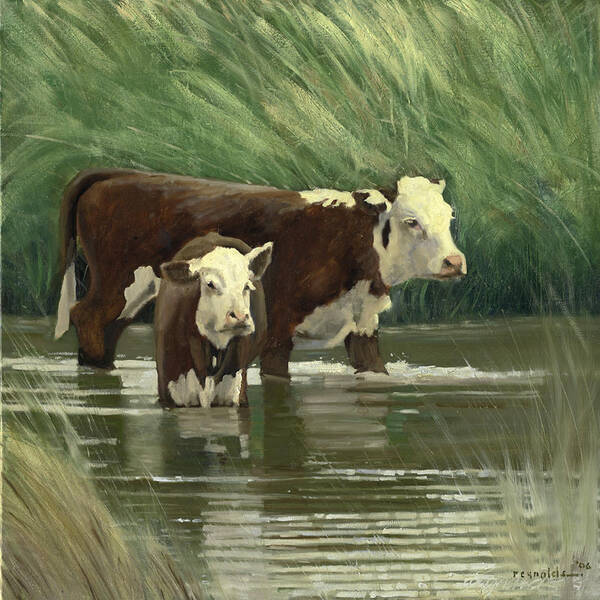 Cows Art Print featuring the painting Cows In The Pond by John Reynolds