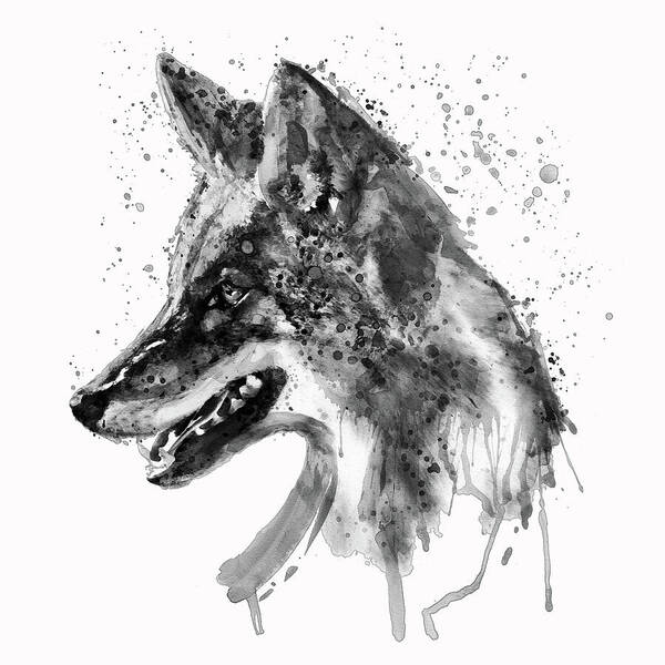Marian Voicu Art Print featuring the painting Coyote Head Black and White by Marian Voicu