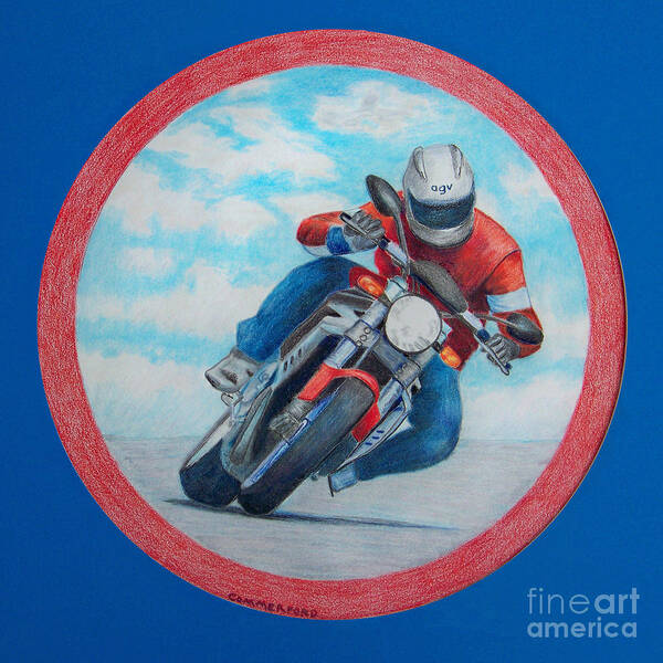 Motorcycle Art Print featuring the drawing Cresting the Hill - Agusta Brutale by Brian Commerford