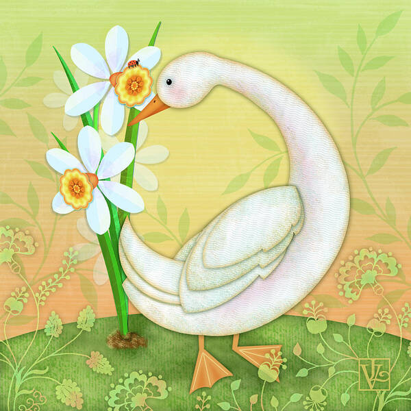 Letter D Art Print featuring the digital art D is for Duck and Daffodils by Valerie Drake Lesiak