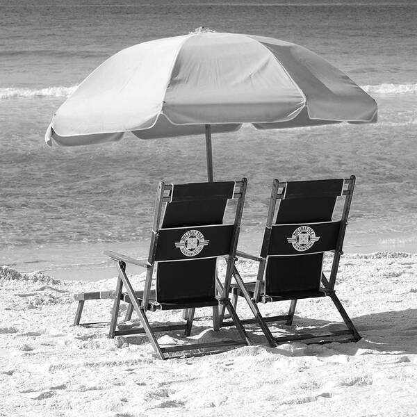 Destin Art Print featuring the photograph Destin Florida Beach Chairs and Umbrella Square Format Black and White by Shawn O'Brien