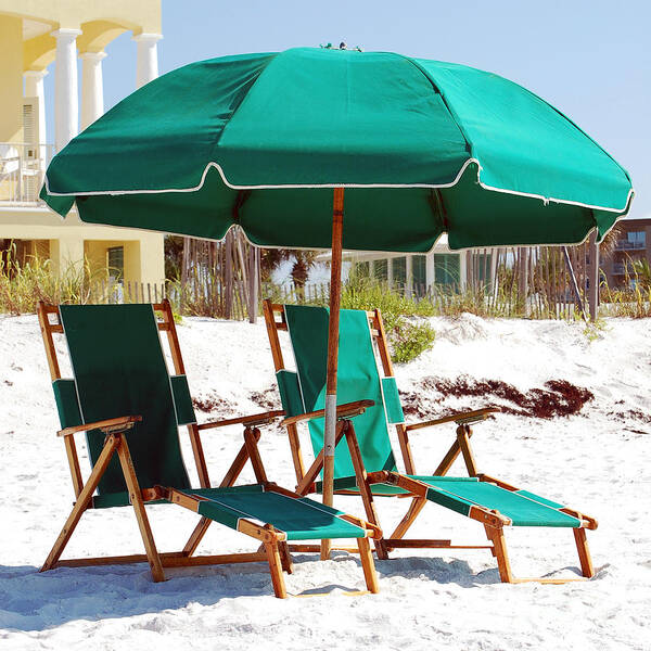 Destin Art Print featuring the photograph Destin Florida Empty Beach Chair Pair and Green Umbrella Square Format by Shawn O'Brien