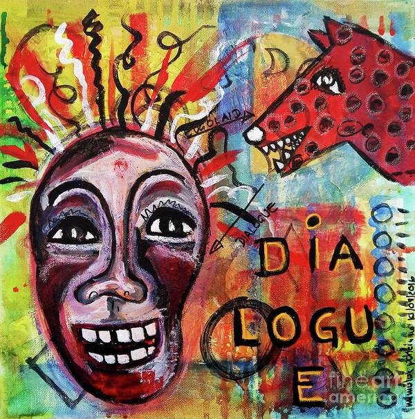 Outsider Art Art Print featuring the mixed media Dialogue Between Red Dawg And Wildwoman-self by Mimulux Patricia No