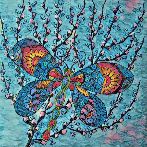 Butterflies Art Print featuring the digital art Dragon fly and Pussy willow by Megan Walsh