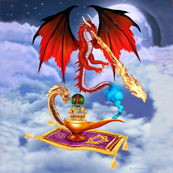 Flying Red Dragon Art Print featuring the digital art Dragon Genie by Glenn Holbrook