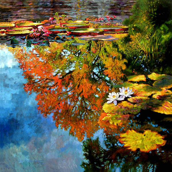 Landscape Art Print featuring the painting Early Morning Fall Colors by John Lautermilch
