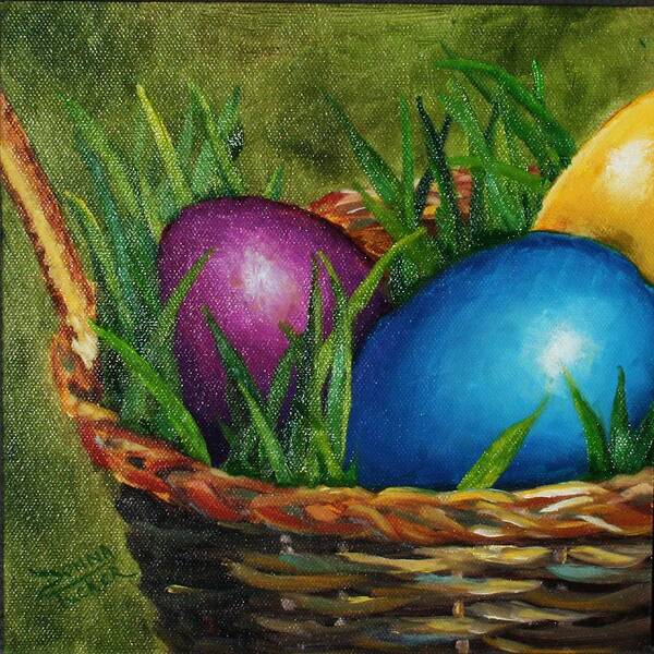 Basket Art Print featuring the painting Easter Basket of Eggs by Donna Tucker