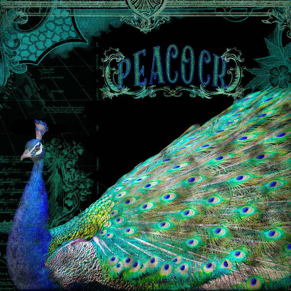 Regal Art Print featuring the mixed media Elegant Peacock w Vintage Scrolls Typography 4 by Audrey Jeanne Roberts