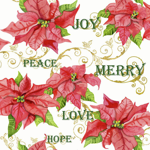 Watercolor Art Print featuring the painting Elegant Poinsettia Floral Christmas Love Joy Peace Merry Hope Typography Swirl by Audrey Jeanne Roberts