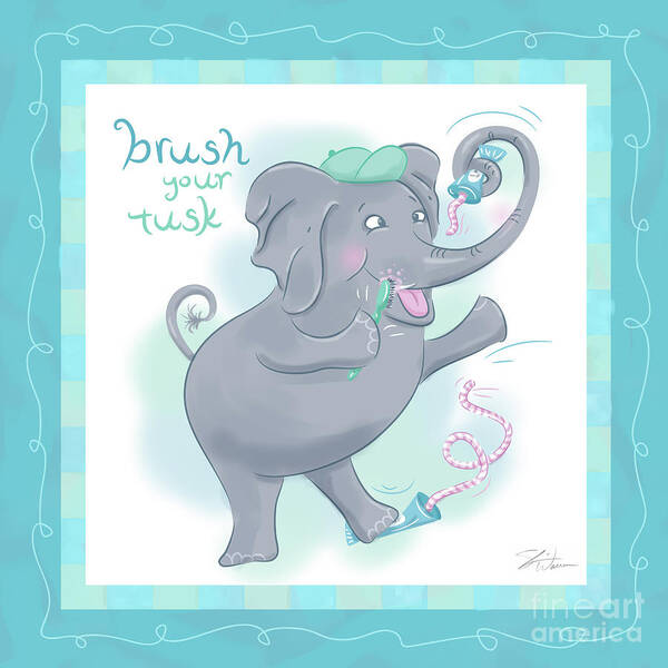 Children Art Print featuring the mixed media Elephant Bath Time Brush your Tusk by Shari Warren