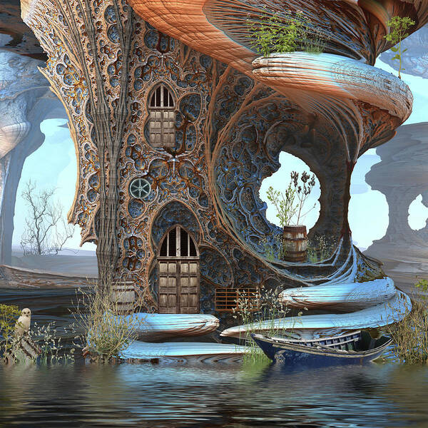 Water Art Print featuring the digital art Fantasy Tree Cottage by Hal Tenny