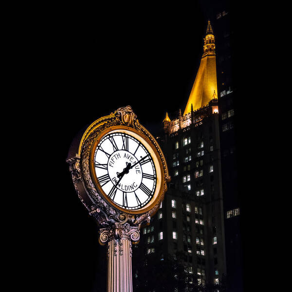 Fifth Avenue 390 Contemplative Commercial Urban Street Clock Skyscraper Night Scene Circle Triangle Roman Numeral Hands Lights Windows Manhattan New York Ny United States Of America Usa Outdoor Square Color Bright Dark Shadow Light Contrast Graphic Graphical Vivid Hyper-reality Hyperreality Electric Gold Black White Manhattan New York City Us Usa United States Of America Steve Steven Maxx Photography Photo Photographs Art Print featuring the photograph Fifth Avenue by Steven Maxx
