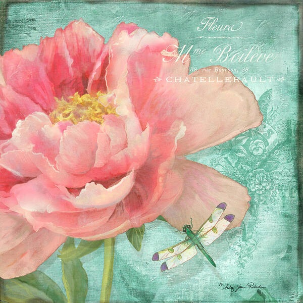 Dragonflies Art Print featuring the painting Fleura - Peony Garden by Audrey Jeanne Roberts