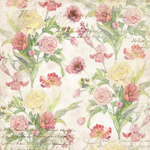Peony Art Print featuring the painting Fleurs de Pivoine - Watercolor in a French Vintage Wallpaper Style by Audrey Jeanne Roberts
