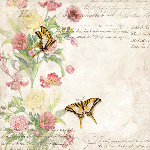 Butterfly Art Print featuring the painting Fleurs de Pivoine - Watercolor w Butterflies in a French Vintage Wallpaper Style by Audrey Jeanne Roberts
