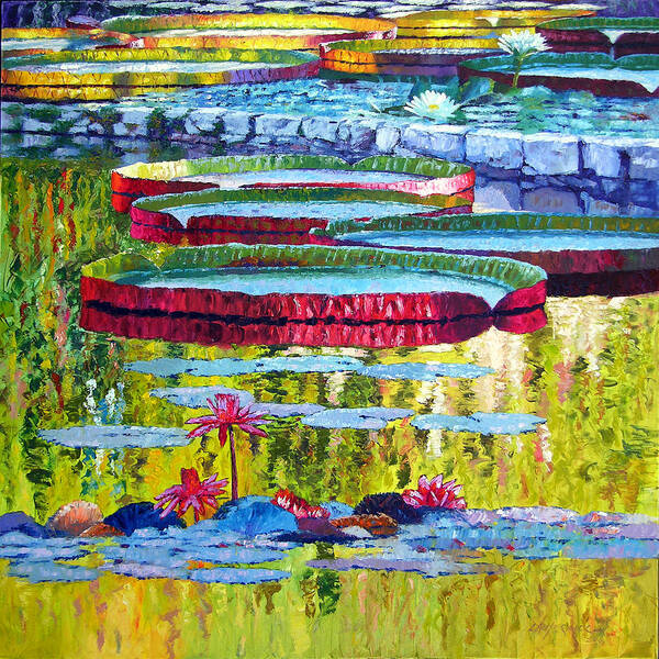 Lily Pond Art Print featuring the painting Floating Parallel Universes by John Lautermilch