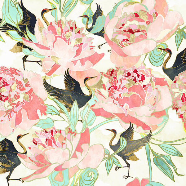 Floral Art Print featuring the digital art Floral Cranes by Spacefrog Designs