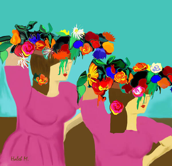Abstract Girls Art Print featuring the digital art Flower Girls In the Market by Haleh Mahbod