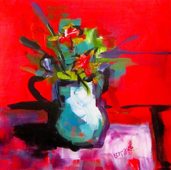 Red Art Print featuring the painting Flowers in Blue Green Pitcher by Barbara O'Toole