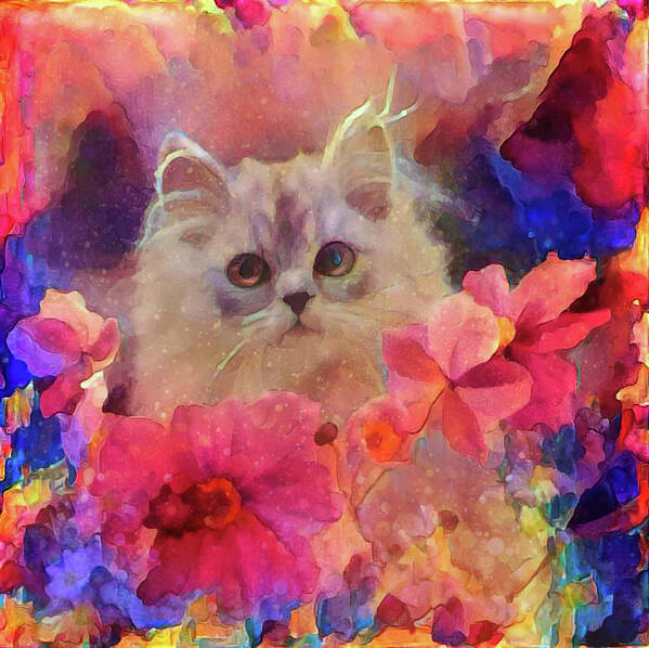 Flowery Kitty Art Print featuring the mixed media Flowery Kitty by Lilia S