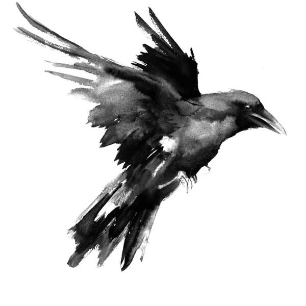 Raven Art Print featuring the painting Flying Raven by Suren Nersisyan