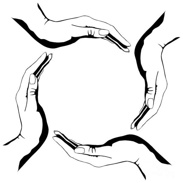 Symbol Art Print featuring the digital art Four people hands making circle conceptual round symbol background art print by Maxim Images Exquisite Prints
