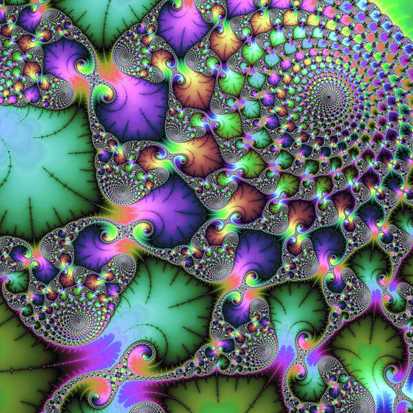Jewel Colors Art Print featuring the digital art Fractal floral spirals jewel colored green purple gold by Matthias Hauser