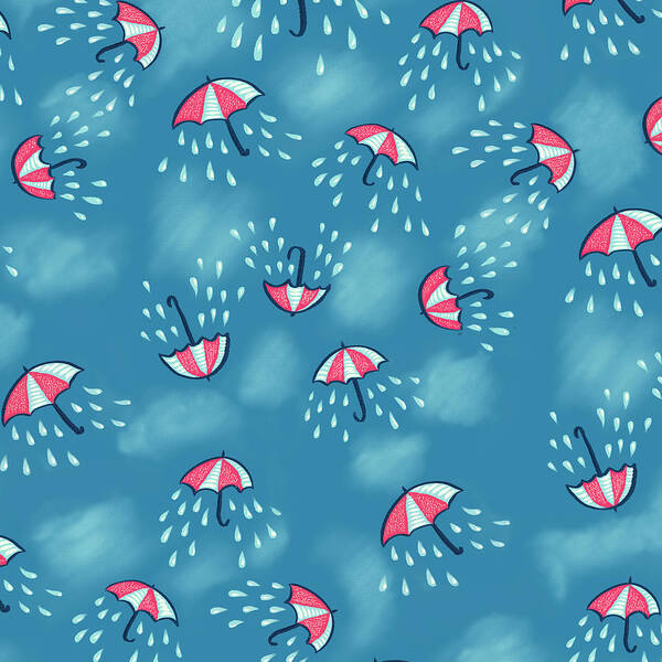 Rain Art Print featuring the digital art Fun Raining Umbrella Pattern by Boriana Giormova