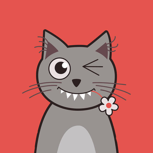 Cat Art Print featuring the digital art Funny Winking Cartoon Kitty Cat by Boriana Giormova